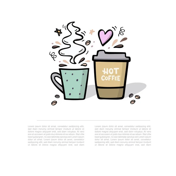 ภาพวาดที่วาดด้วยมือกาแฟพร้อมพื้นที่สําหรับข้อความของคุณ กาแฟที่จะไปและถ้วยกาแฟ ภาพเวกเตอร์น่ารักที่มีองค์ประกอบการออกแบบ — ภาพเวกเตอร์สต็อก