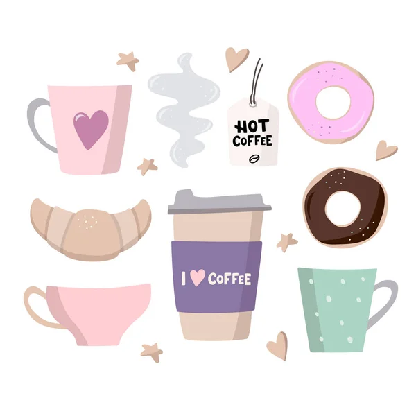 Café ilustraciones conjunto grande. Café para llevar, tazas de café y dulces — Vector de stock