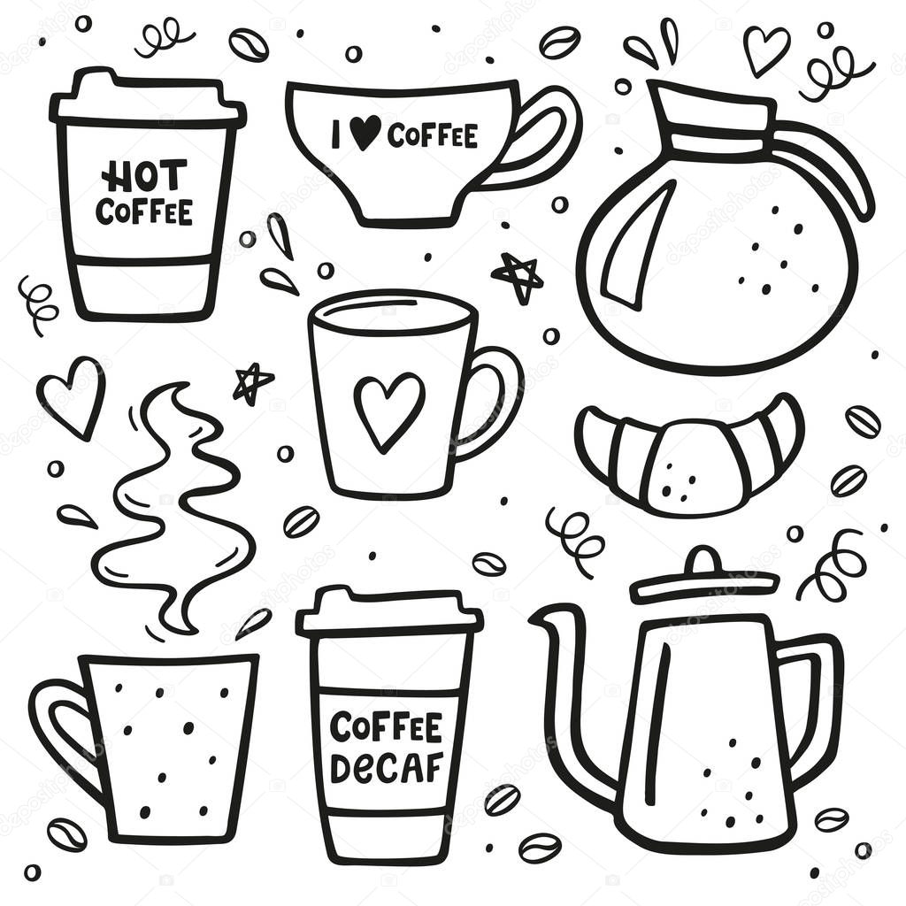 Coffee doodle big set. Coffee to go, coffee pots, cups and design elements.