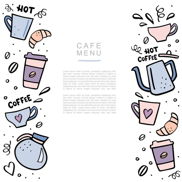 Café bandeira desenhada à mão com espaço para o seu texto. Handdrawn vector illustation com xícaras de café e cafeteiras . —  Vetores de Stock