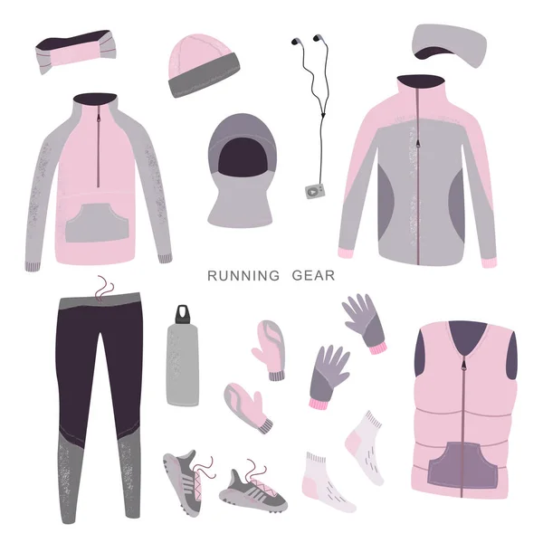 Equipo de carreras de invierno. Conjunto de ropa de invierno para mujer y accesorios para correr. Ilustración vectorial . — Vector de stock