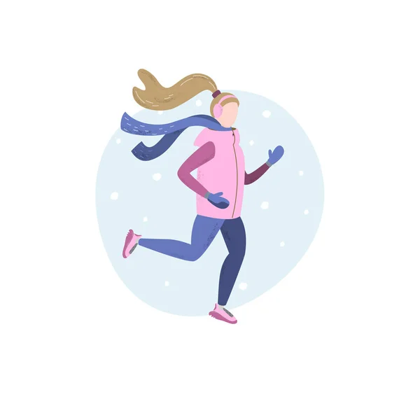 Linda mujer corriendo en temporada fría de invierno. Ilustración vectorial dibujada — Vector de stock