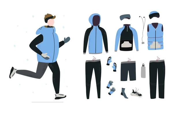 Illustration of young man running in winter cold season with winter running gear. — Stock Vector