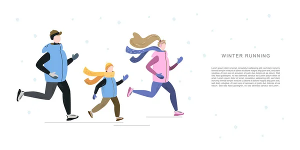 Familia corriendo en temporada fría de invierno. Ilustración vectorial hecha a mano. Plantilla Banner — Archivo Imágenes Vectoriales