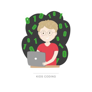 Kodlama çocuklar. Küçük çocuk öğrenme kodlama. Vektör çizim.