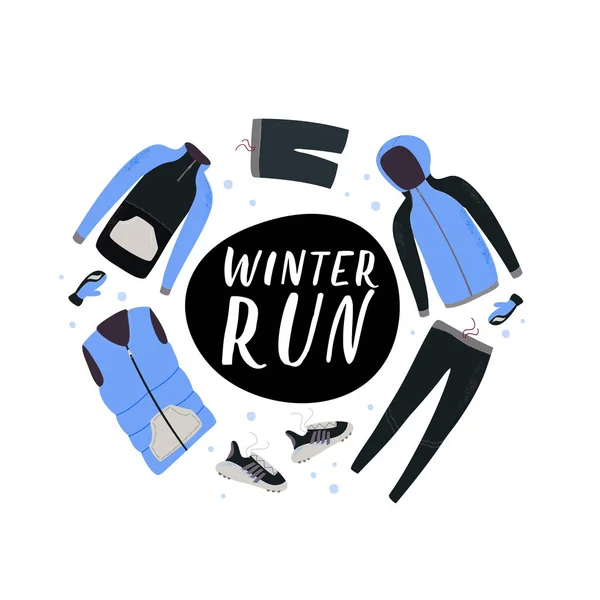 Winterfahrwerk. Winterbekleidung und Accessoires für das Laufen. Vektorillustration. — Stockvektor