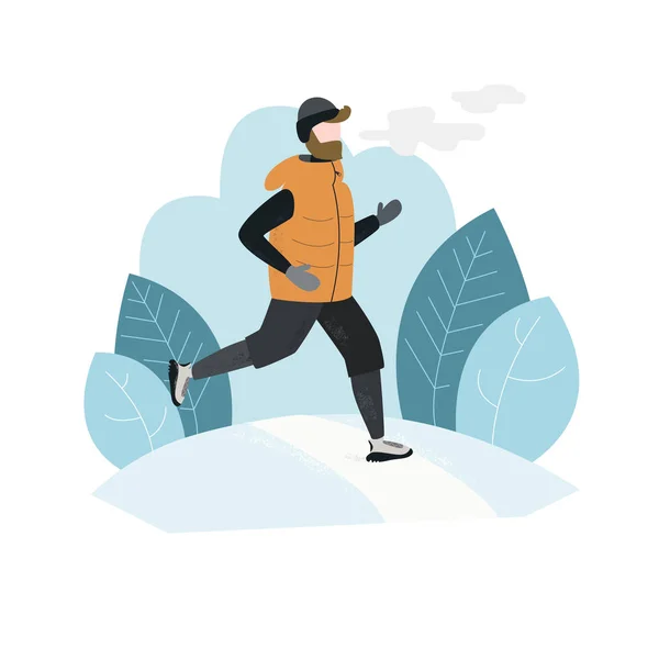 Hombre corriendo afuera en la estación fría del invierno. Ilustración vectorial dibujada — Vector de stock