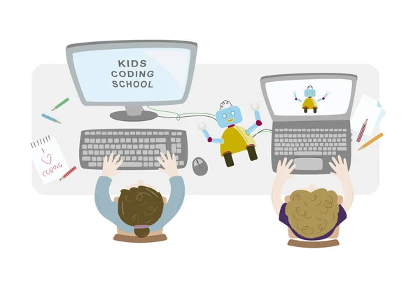 Dzieci, Dokonywanie i programowaniu robota. Ilustracja wektorowa przestrzeni roboczej topview. — Wektor stockowy