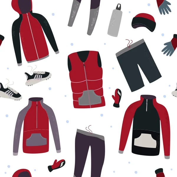 Inverno correndo engrenagem sem costura padrão. Roupas de inverno e acessórios para correr. Ilustração vetorial . — Vetor de Stock