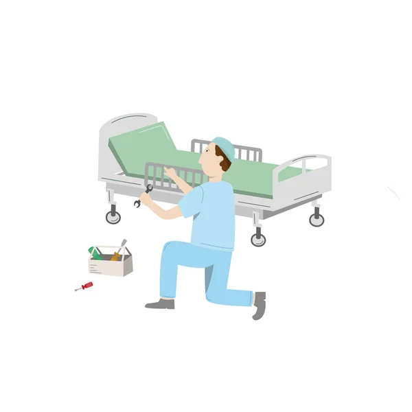 Medical equipment maintenance. An technician repair hospital bed. Vector illustration isolated on white — Stock Vector