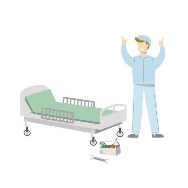 Tıbbi cihazların bakım. Mutlu teknisyen hastane yatağında onarır. Vektör çizim üzerinde beyaz izole — Stok Vektör