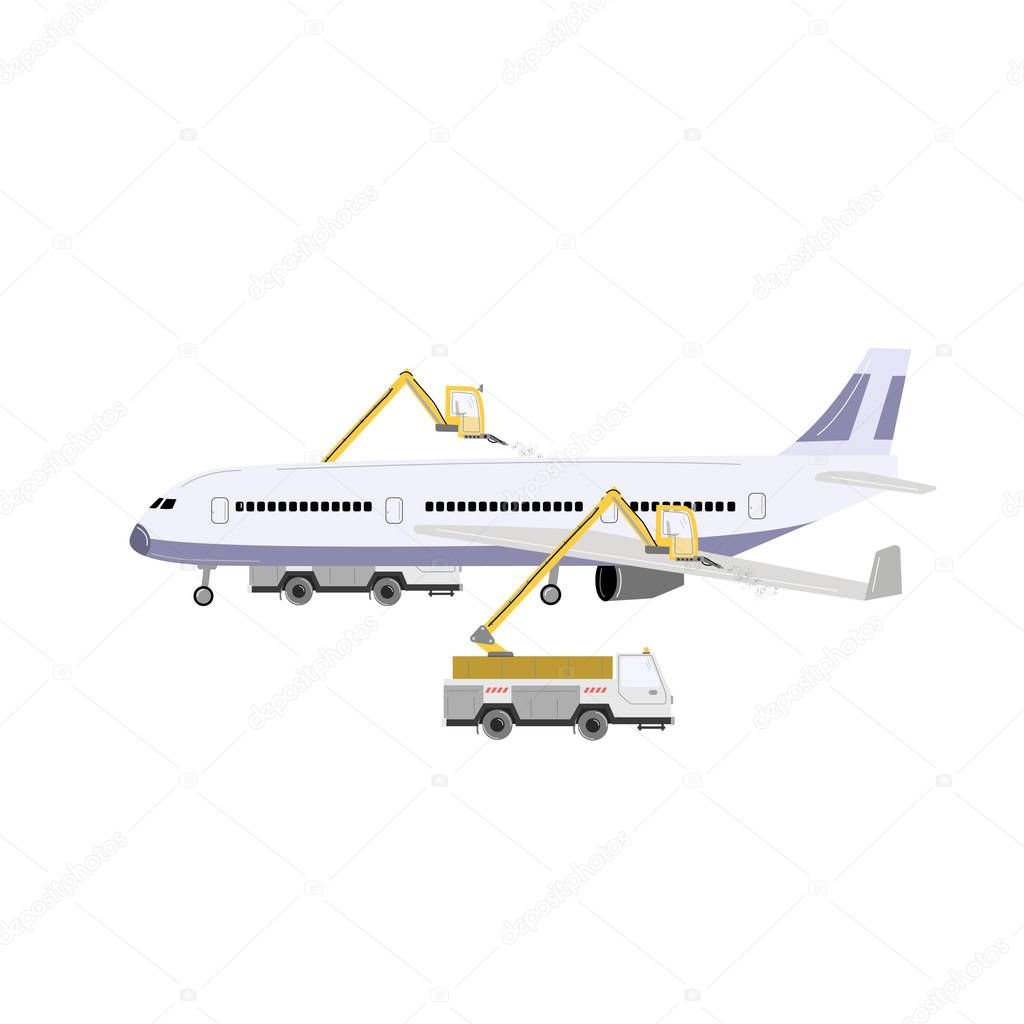 Aircraft deicing. Vector illustration illustration isolated on white.