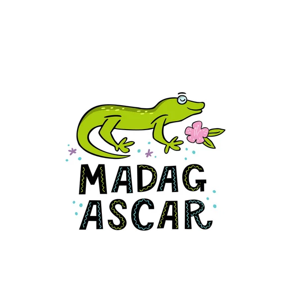 Madagscar palabra escrita a mano con gekko divertido — Vector de stock