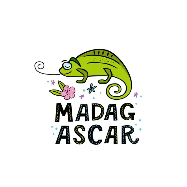 Madagscar mot écrit à la main avec caméléon drôle — Image vectorielle