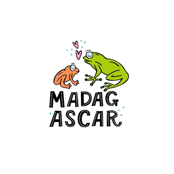 Madagscar mot écrit à la main avec deux grenouilles drôles — Image vectorielle