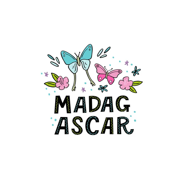 Madagscar palabra escrita a mano con mariposas divertidas — Vector de stock