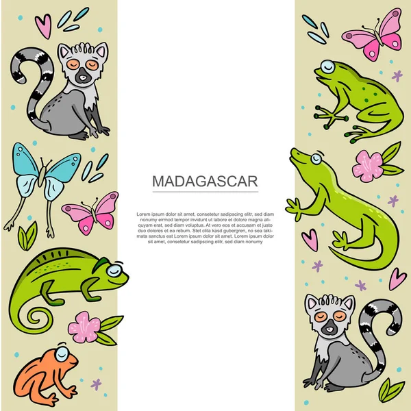 Banner template with Set of Madagascar animals. Hand drawn vector illustration — Stock Vector