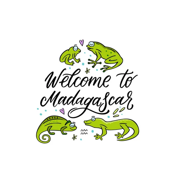 Bienvenue à Madagascar phrase manuscrite avec de mignons animaux madagascar . — Image vectorielle