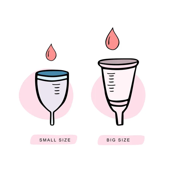 Conjunto de copos menstruais. Copos de período de tamanho diferente. Ilustração vetorial . — Vetor de Stock