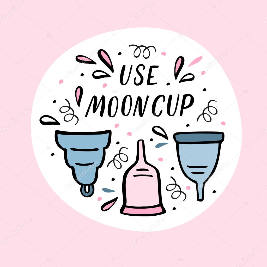 Vector illustration of Period cup with handdrawn design elements. Round composition with hand lettering