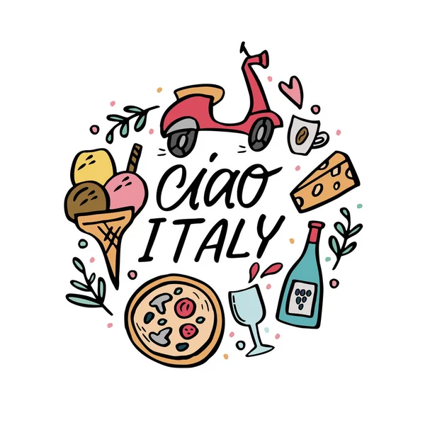 Ciao Italia composición redonda con símbolos tradicionales de Italia . — Vector de stock