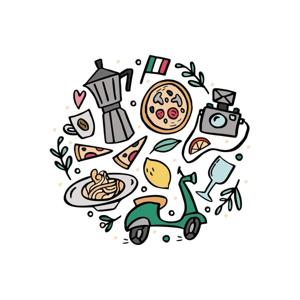 Composición redonda con símbolos tradicionales de Italia . Ilustraciones de stock libres de derechos