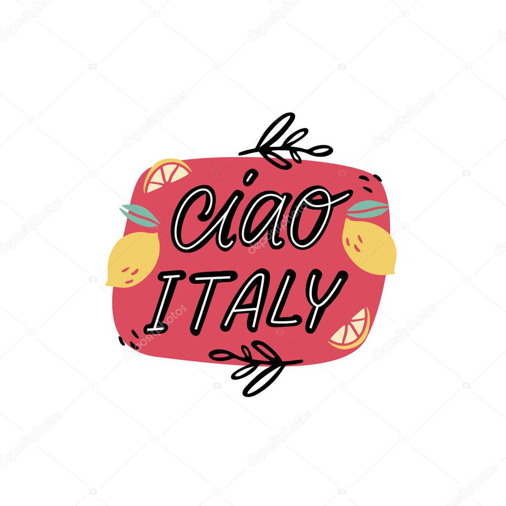 Ciao Italy round composition with traditional symbols of Italy.