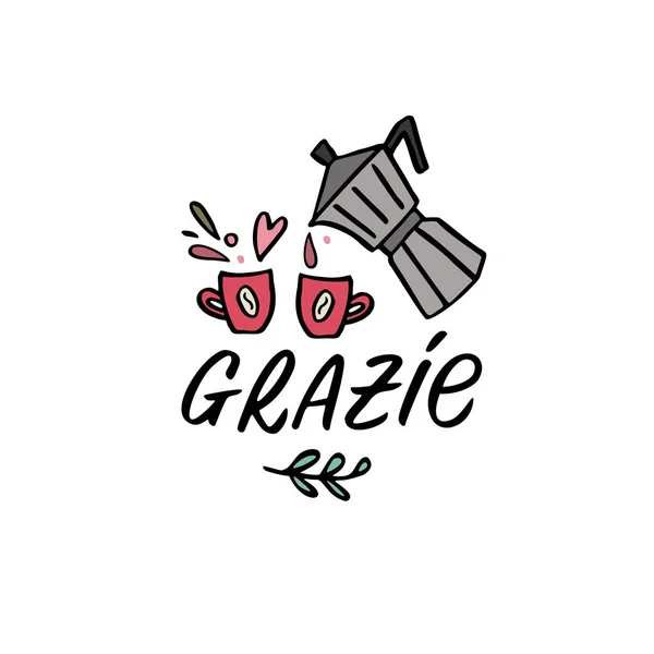 Grazie handwritten italian word with cute hand drawn espresso maker and cups illustration. Thank you in english translation Stock Vector