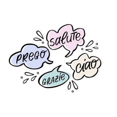 Vector handdrawn speech bubble colorful set with italian handwritten words. clipart