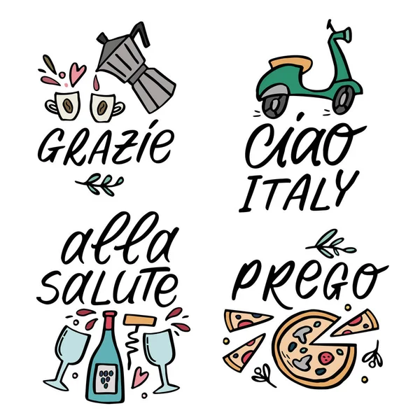 Set of vector cute illustration with traditioanal Italian symbols with handlettering words. — Stock Vector