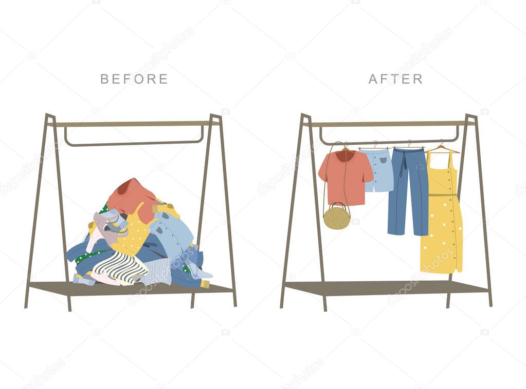 Clothing organization or storage. Before and after concept. Inner space of rail or wardrobe.