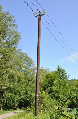 Çizgi ve ağaç arka planda ile ahşap elektrik direği