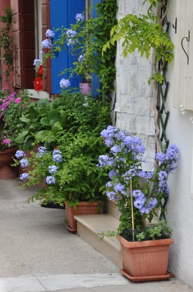 Квіткові Горщики Перед Будинком Середземноморському Селі — стокове фото