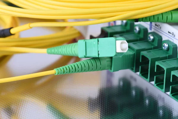 Fiber Optical Network Cables Connected Equipment Data Center — Stock Photo, Image