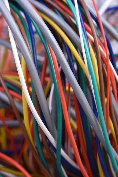 Closeup of electric cable and wire in computer network systems with selective focus