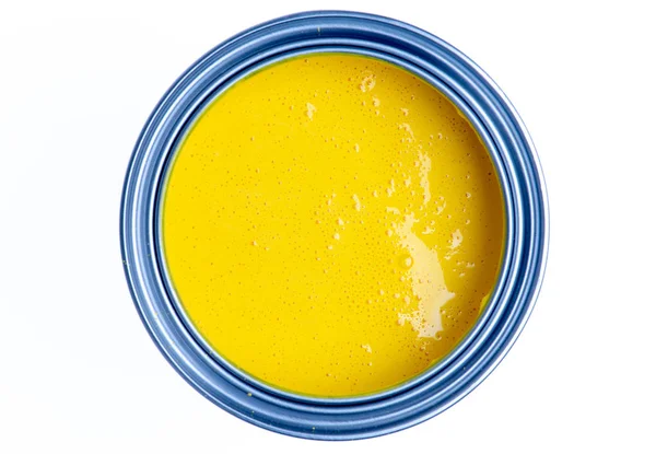 Lata Tinta Amarela Decorativa Isolada Fundo Branco Vista Superior — Fotografia de Stock