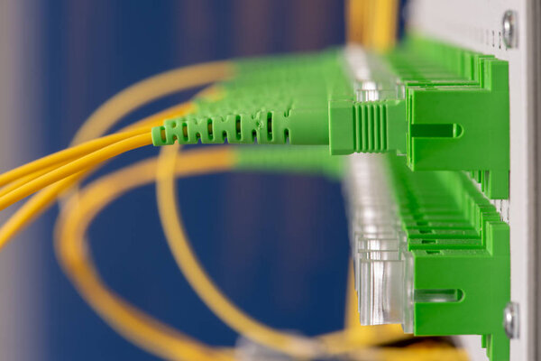 Technology data center with fiber optic distribution panel close-up