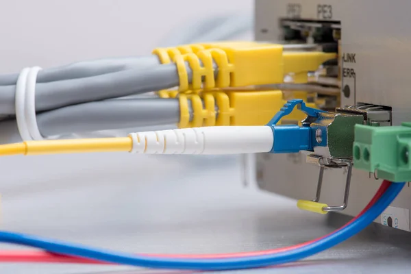Fiber optic cable and network ethernet patch cord connect to the switch, data center concept