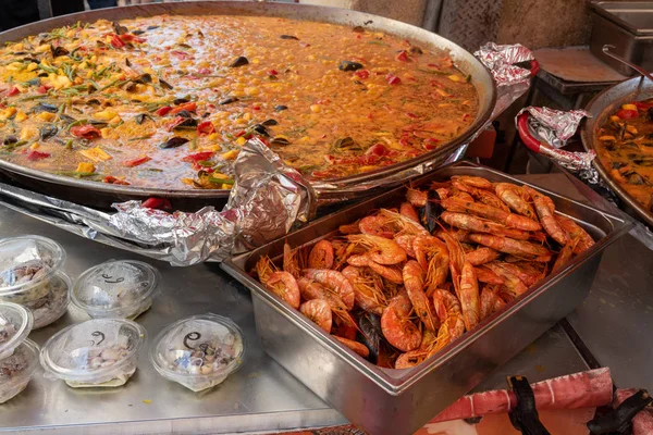 Comida Rua Grande Panela Marisco Paella Cozinhando Mercado Provence França — Fotografia de Stock