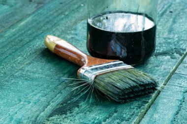 Takım Paintbrush ve kavanoz boya ev işi arka plan