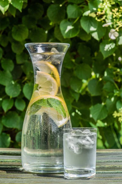 Glass of water and carafe on table in green garden