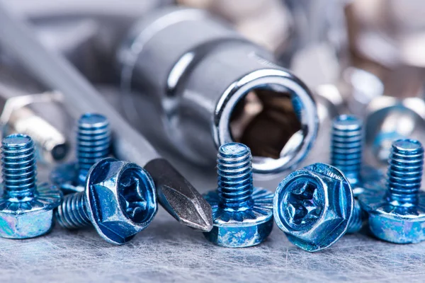 Herramientas Juego Tornillo Sobre Mesa Metálica Macro — Foto de Stock