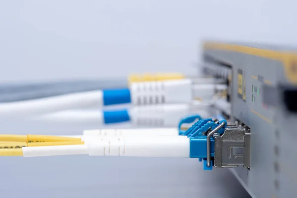 Berpindah Dengan Kabel Patch Serat Optik Tersambung Dan Kabel Ethernet — Stok Foto
