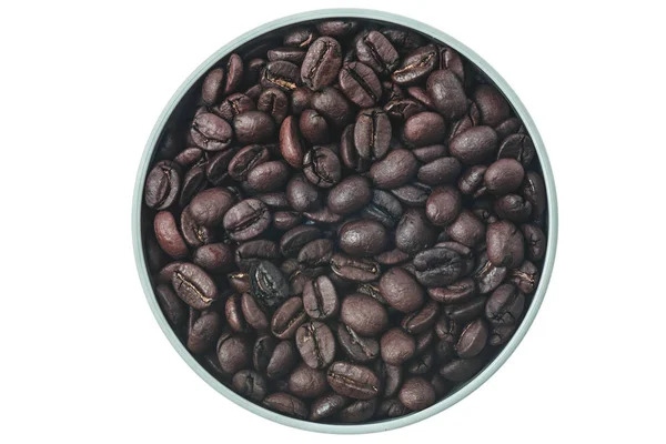 白い背景に真上のボウルにコーヒー豆 — ストック写真