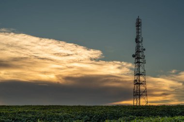 Telekomünikasyon kulesi gün batımına karşı yeşil alanda