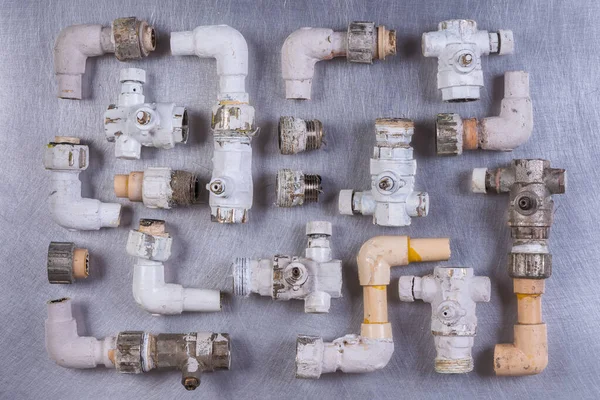 Old Plumbing Water Fittings Grey Metal Surface Directly View — Stock Photo, Image