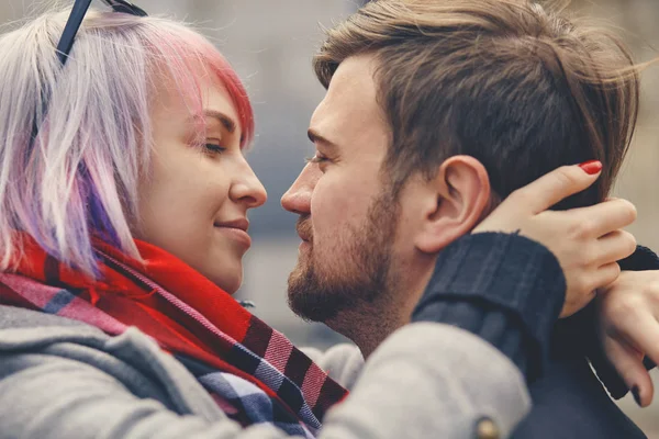 Romantic happy couple face to face close up portrait, smiling man and woman in love getting closer for first kiss, sensual sincere lovers touching noses with eyes closed, enjoying intimacy tenderness — Stock Photo, Image