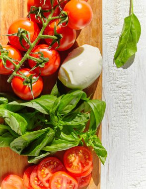 buffalo Mozzarella peyniri rustik doku arka plan üzerinde yeşil domates fesleğen yaprakları ile
