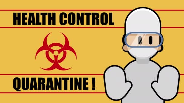 防護服を着た医療従事者は感染の危険性を警告する 隔離区域標識 健康管理だ 4Kループアニメーション — ストック動画