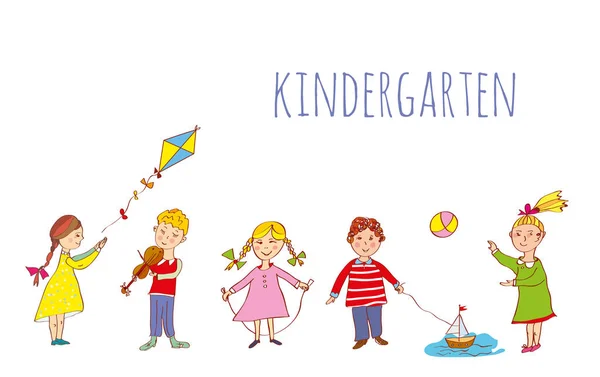 Kleuterschool Banner Met Kinderen Spelen Buiten Schetsmatige Stijl Vector Grafische — Stockvector